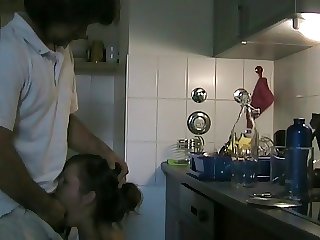 Slut Cheating Wife sucking her lover with CIM in the kitchen